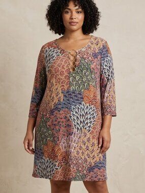 MSK Women 2X Plus Paisley Print Dress Stretch Knit 3/4 Sleeve Boho Resort Summer